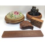 A collection of treen comprising a jewellery box,