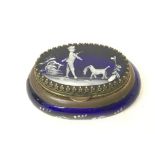 Victorian Blue Glass Pill Box depicting a boy and
