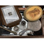 A collection of mixed odds including silver, 1940s oak barometer, 1930s crinoline lady tray.