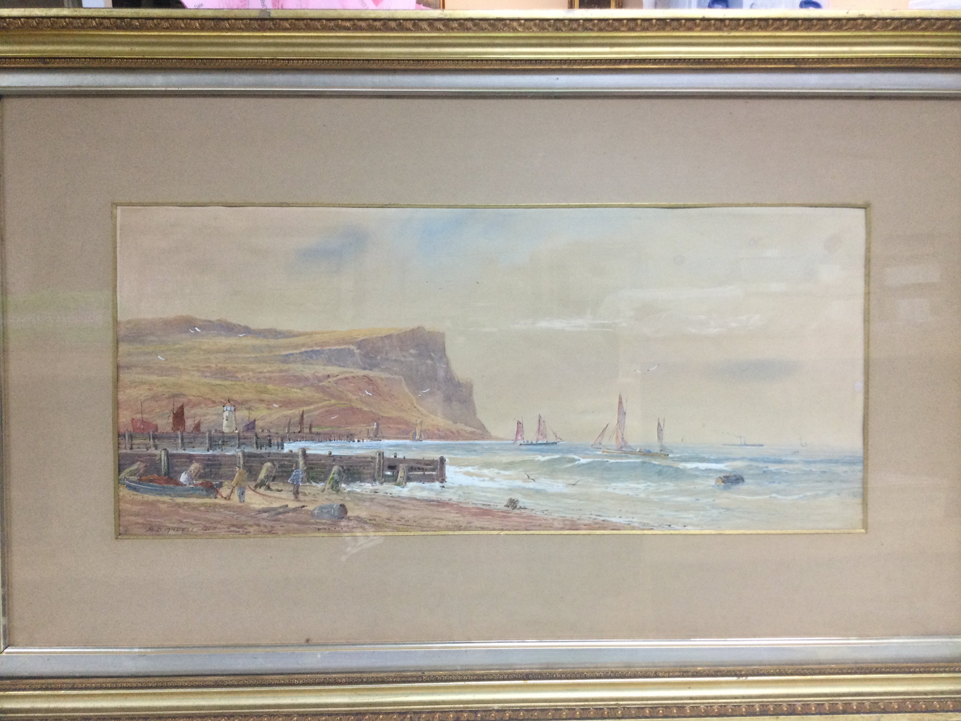 A pair of gilt framed watercolours of coastal scenes, signed by M.D. Angell, 1905, approx 81cm x - Image 2 of 2