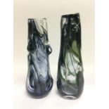 Two Whitefriars knobbly glass vases in blue and gr