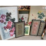 A collection of oriental subject watercolour paintings, silk paintings, silk embroideryâ€™s etc. (