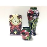 Moorcroft vases and a clock