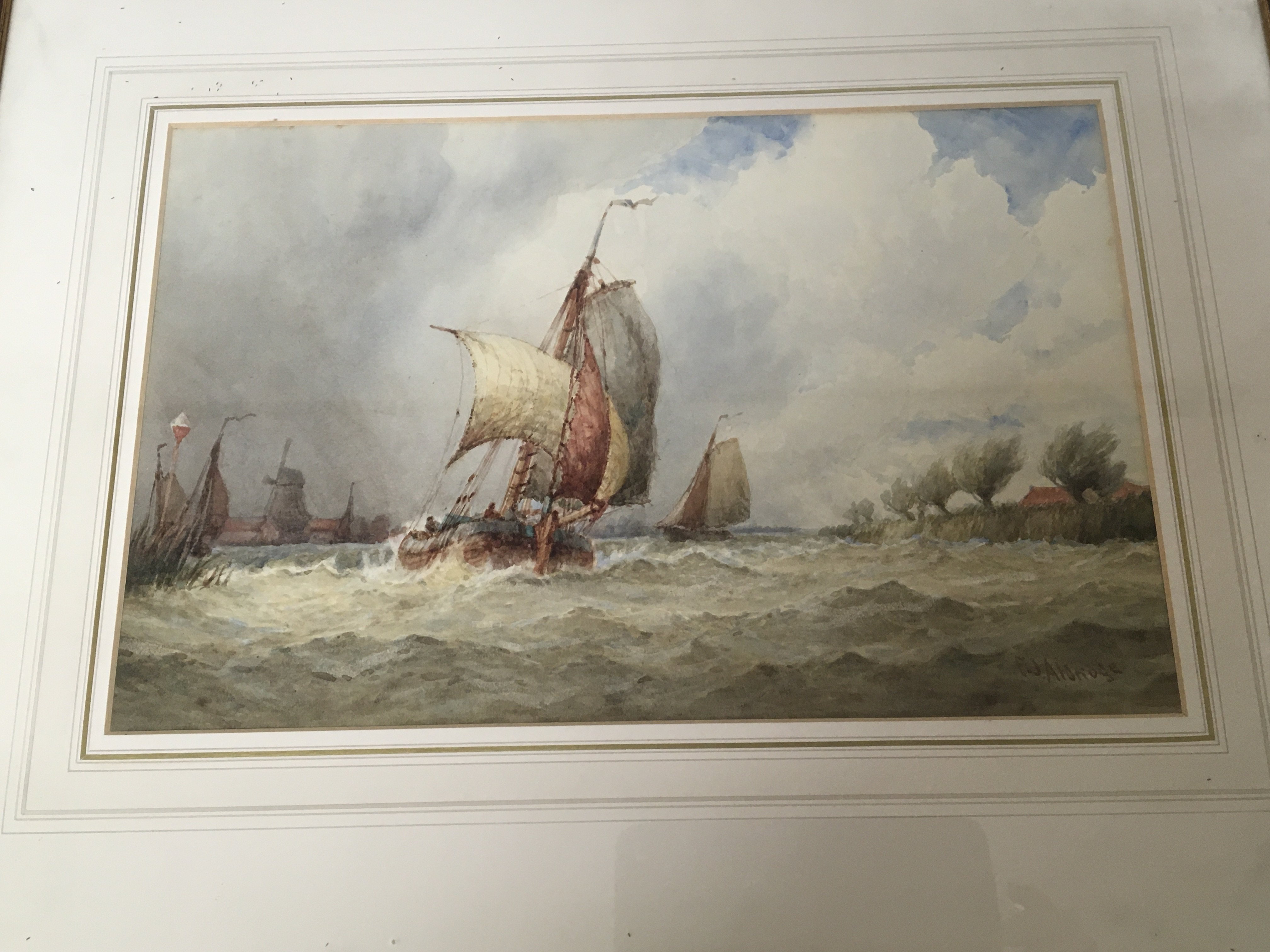 A framed watercolour study of a barge in full sail - Image 2 of 2