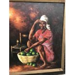 A framed oil on board depicting African woman in candle light .