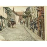 A framed watercolour depicting an Edwardian street