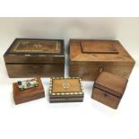 An inlaid sewing box and four other boxes (5).