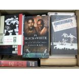 A box containing boxing books including Autobiographies by Ali Joe Lewis Liston and other quality