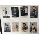 A framed Montage of autograph signed boxing photos and cards including Don Cockell Bombardier Wells