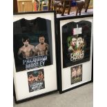 Four framed boxing T-shirts with boxing tickets an