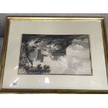 A framed ink and wash picture depicting a view of