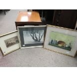 Three framed watercolours depicting countryside co