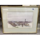 Two framed watercolours depicting city views by P