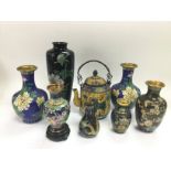 A collection of Cloisonne items and a vase. Shippi