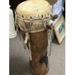 A tribal wood and skin bongo drum height 70cm