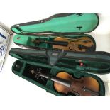 Two cased violins, Chinese made Lark & a Antonius