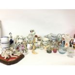 Ceramic figurines, scent bottles and tea set cups,