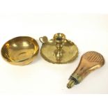 Dixon & Sons copper powder flask, brass candlestic