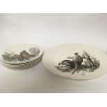 An English ceramic Game Birds dinner set with wood