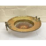 Unusual two handled brass dish, diameter of approx