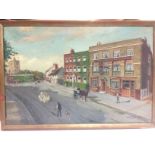 An oil on canvas of Rayleigh high street by W H Hi