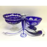 Two blue glass fruit bowls and two ornamental blue