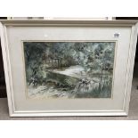 A framed watercolour depicting The Broken Dam by D