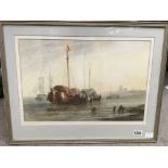 A framed watercolour depicting boats off shore by