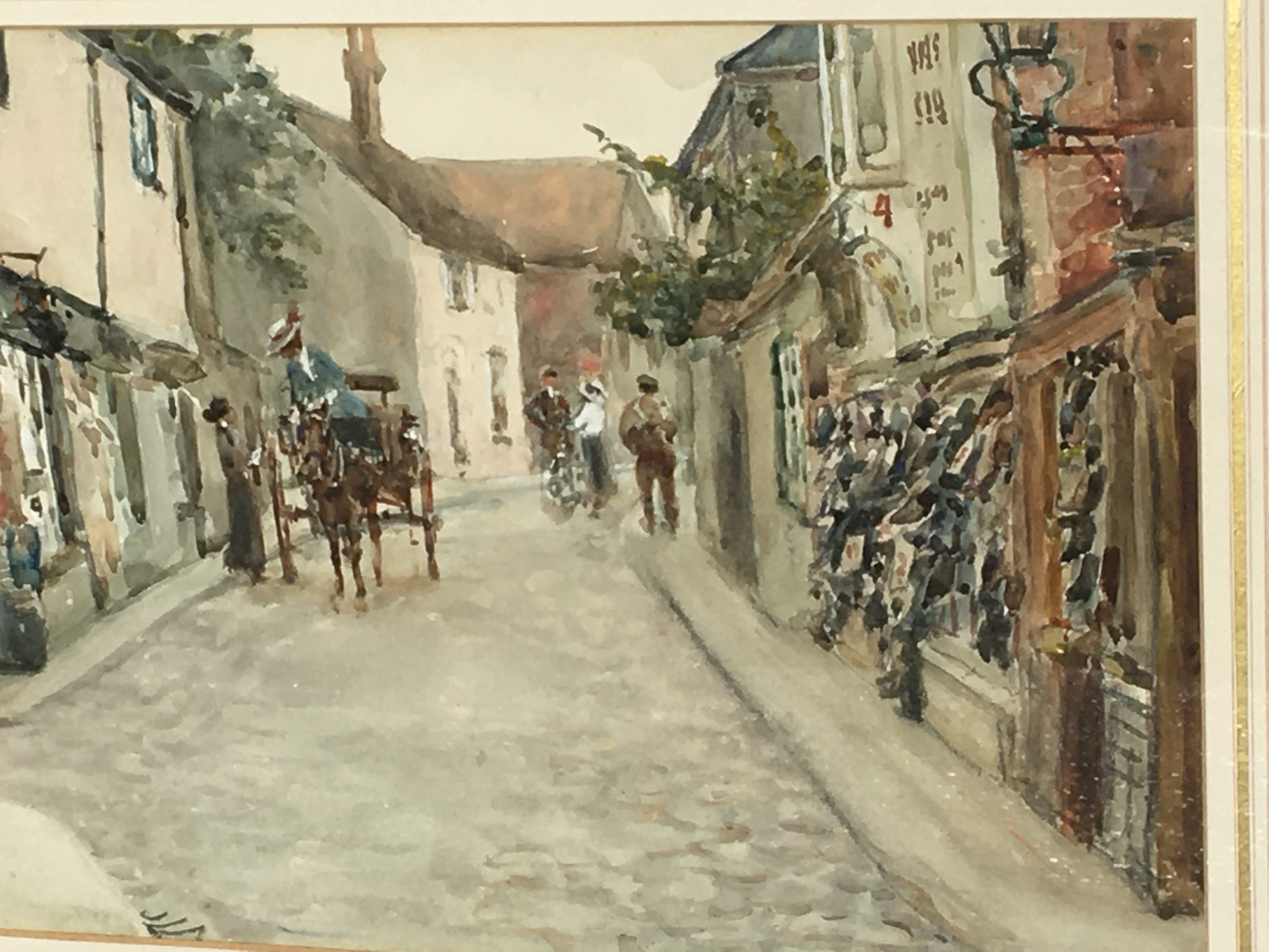 A framed watercolour depicting an Edwardian street