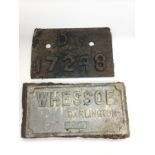 Two cast iron carriage plaques, largest approx 28c