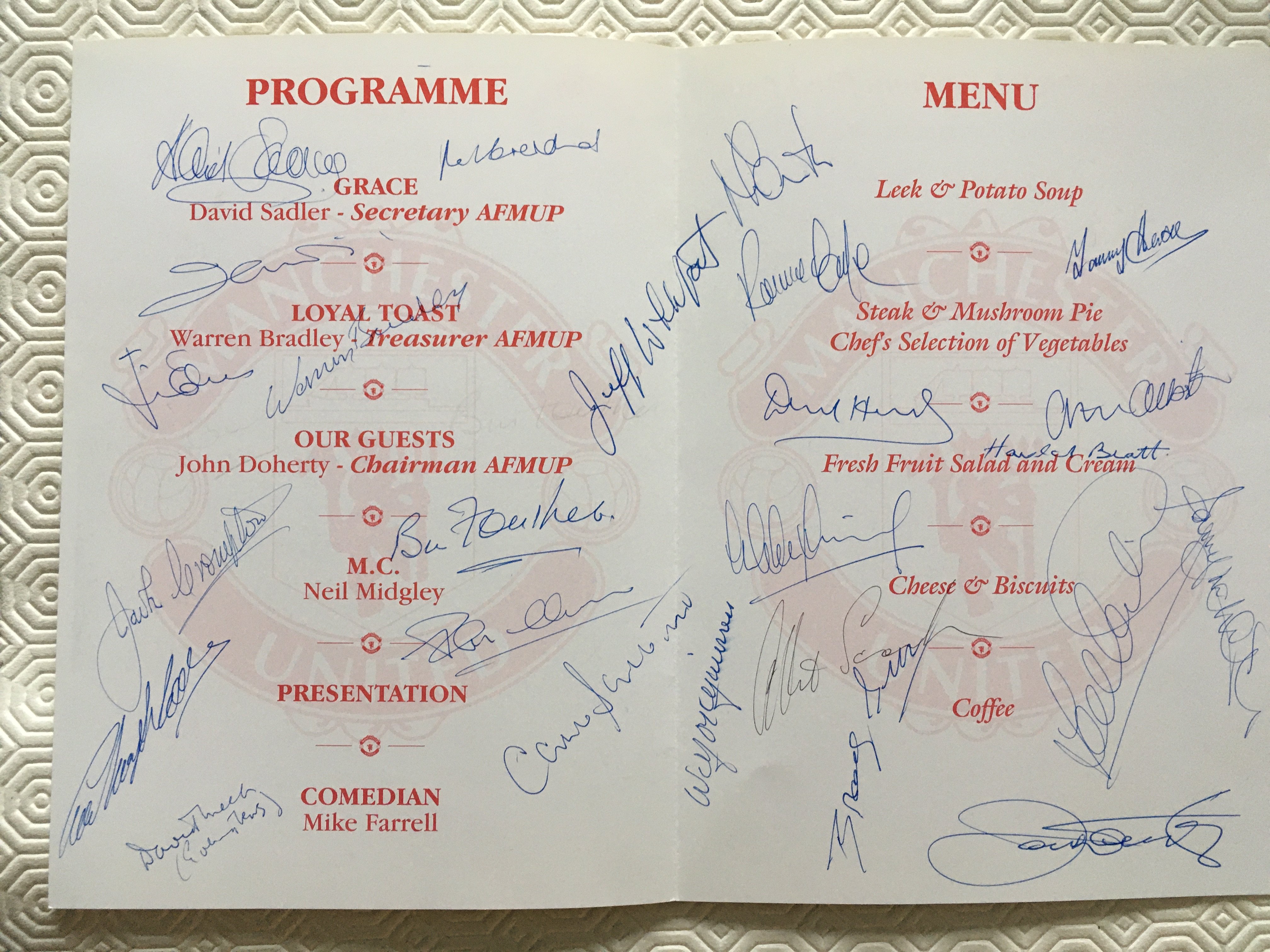 Manchester United Signed Dinner Menu: Held by the
