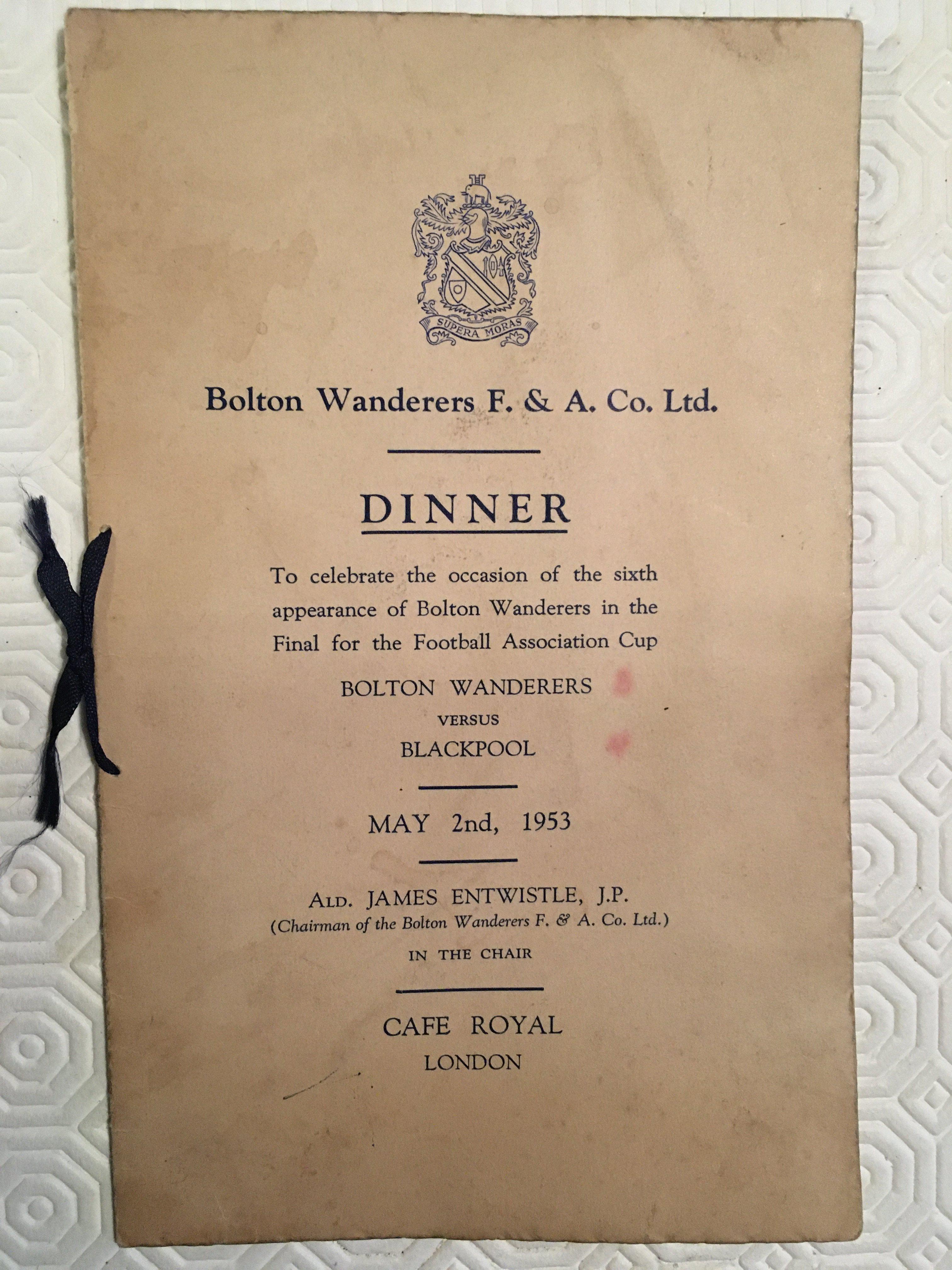 1953 FA Cup Final Signed Football Menu: Famous Bla