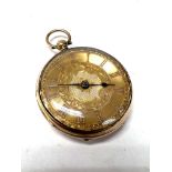 A pretty engraved open dial 18ct gold key wind pocket watch, some wear to crosshatch engraved design