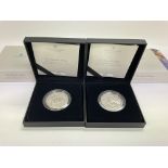 Two silver proof Â£5 coins from the queens reign c