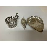 A silver shell dish silver cup holder & a silver b