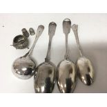 A collection of George III and Victorian silver spoons two thimbles and a silver mustard pot (a