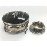 A silver circular trinket box and a miniature cup and saucer including Cruet (3)