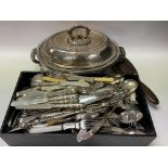 A collection of mixed silver plated cutlery including a silver plated chaffing dish.