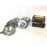 Six vintage chrome cased spotlights and two boxed