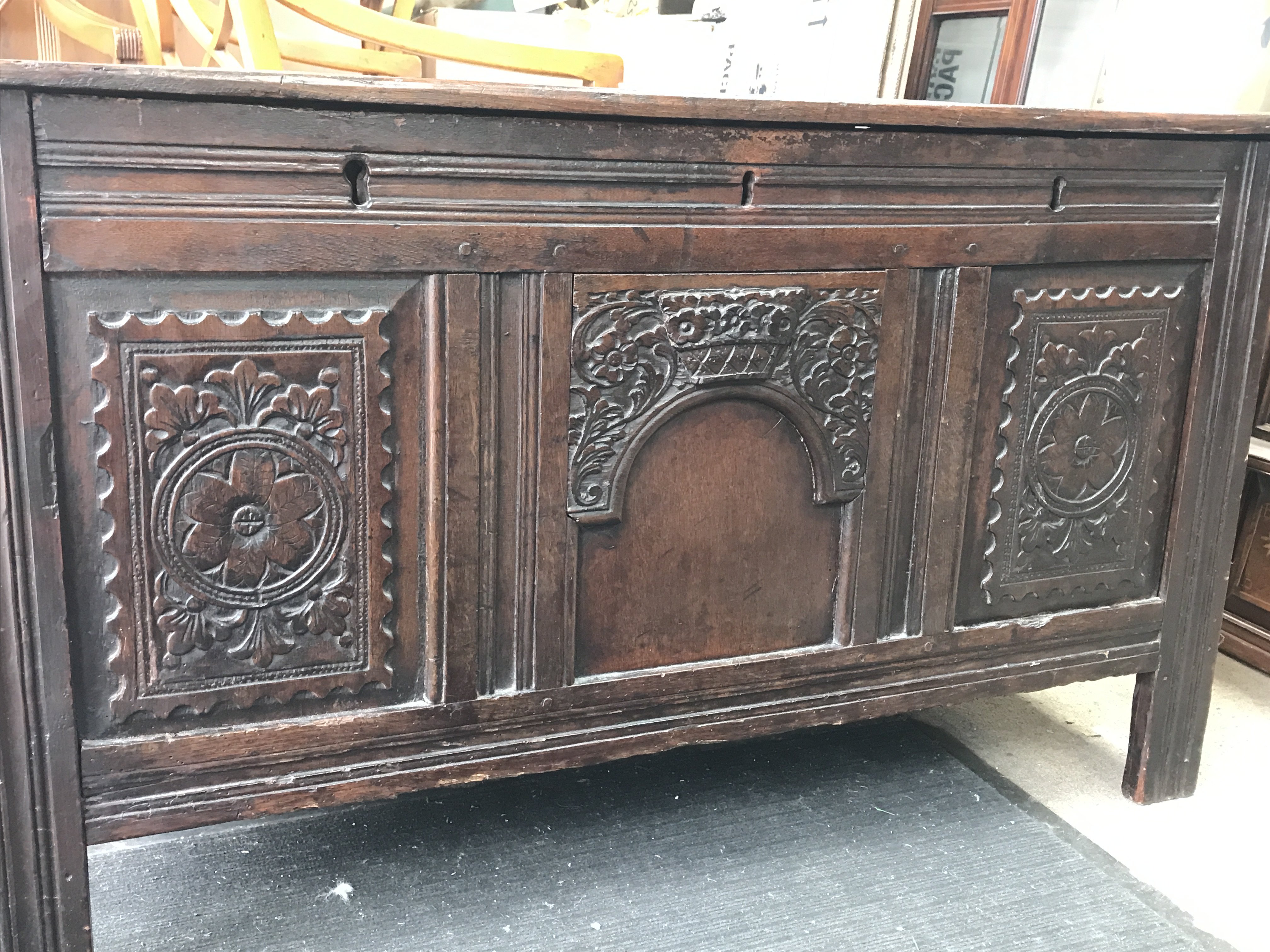 Stained oak early 18th century chest with floral c - Image 2 of 4