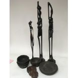 A collection of African carved wood bowls hardwood figures brassware and other oddments (a lot)