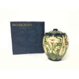 Moorcroft green lidded jar boxed by Rachel Bishop,