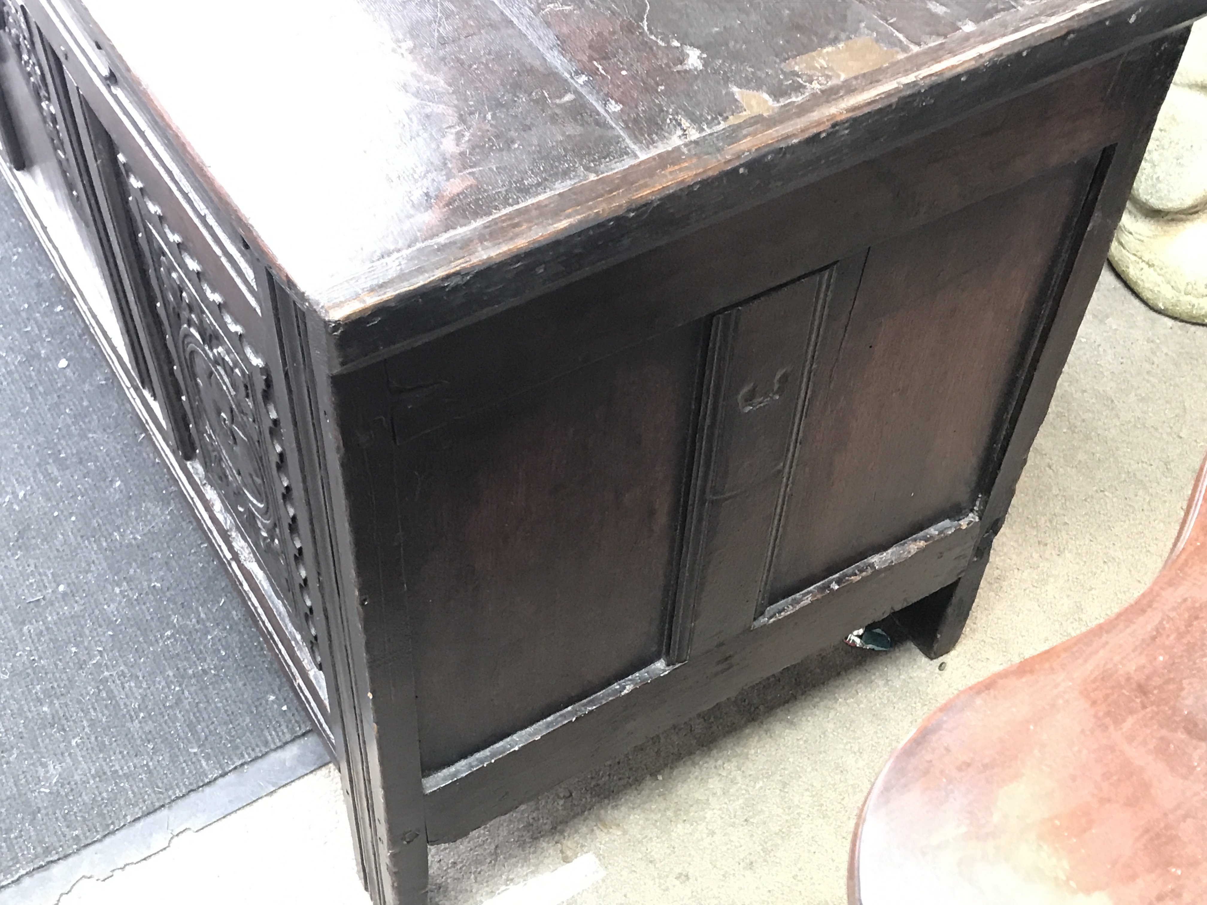 Stained oak early 18th century chest with floral c - Image 4 of 4