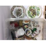 A collection of ceramics comprising decorative wall plates, Beswick owl, glass paperweights etc.