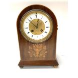 An Edwardian inlaid mantle clock with enamelled and gilt brass dial. (No pendulum.)