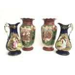 Two pairs of unmarked Victorian porcelain vases wi