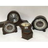 A small stained pine early 20th century wall clock and three other oak mantel clocks (4)