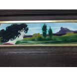 A pair of oak framed Art Nouveau style tube lined tiles depicting maiden and landscapes 36 cm by