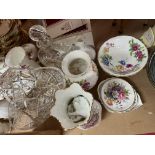 A cut glass basket, and a decanter and a quantity of Doulton Louisa porcelain vases and Aynsley