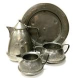 A 3 piece Libertys Tudric set, each piece stamped 0303, together with an Art Noveau pewter dish